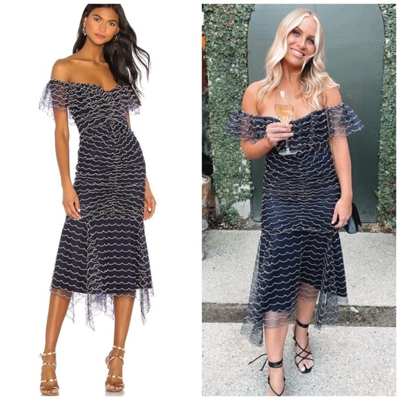 Alice McCall Venus Valentine Off the Shoulder Embroidered Ruched Midi Dress Blue - Picture 1 of 7